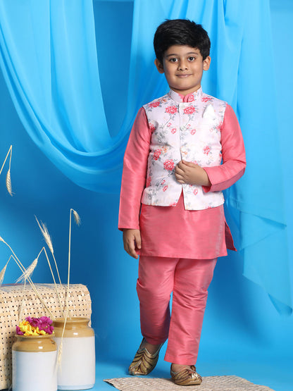 Vastramay boys peach color floral print jacket with pink kurta and pyjama set