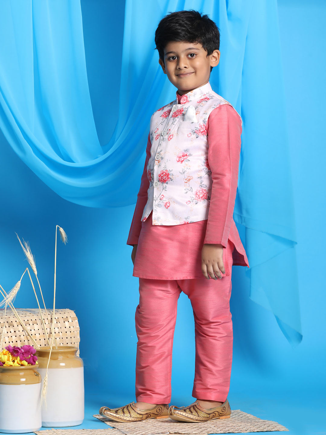 Vastramay boys peach color floral print jacket with pink kurta and pyjama set