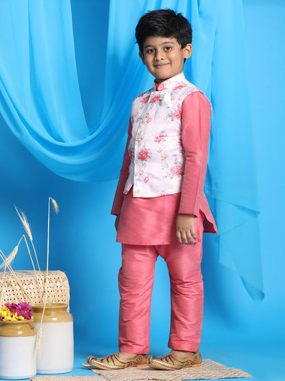 Vastramay boys peach color floral print jacket with pink kurta and pyjama set