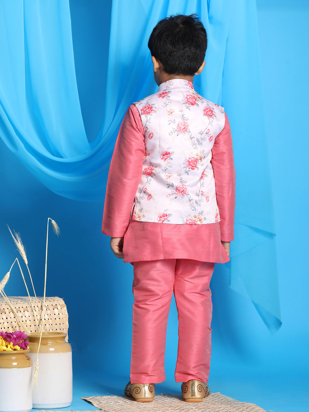 Vastramay boys peach color floral print jacket with pink kurta and pyjama set