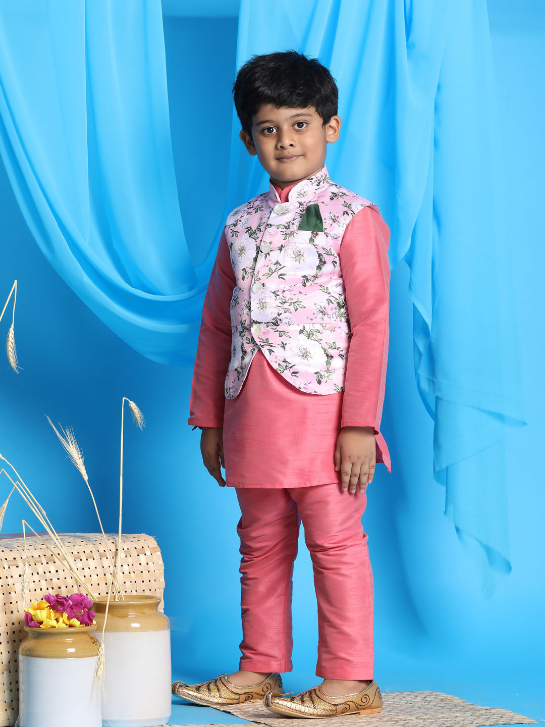 Vastramay boys pink color floral print jacket with pink kurta and pyjama set 1