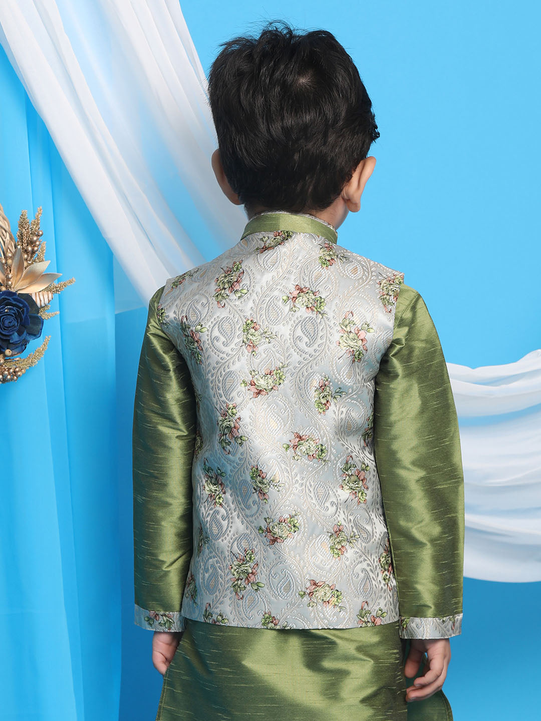 VASTRAMAY Baap Beta Silk Blend Green Jacket