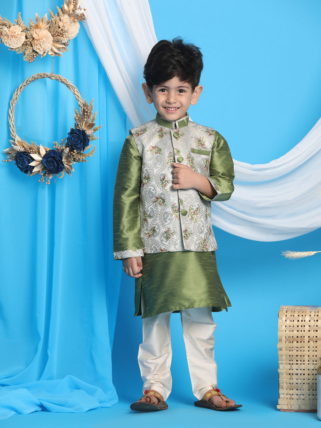 Vastramay boys green floral jacquard jacket with silk kurta and pyjama set