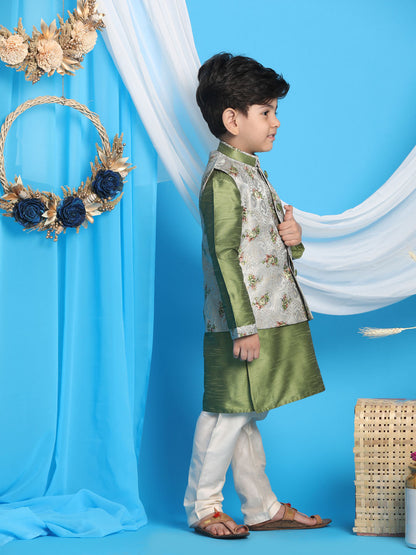 Vastramay boys green floral jacquard jacket with silk kurta and pyjama set