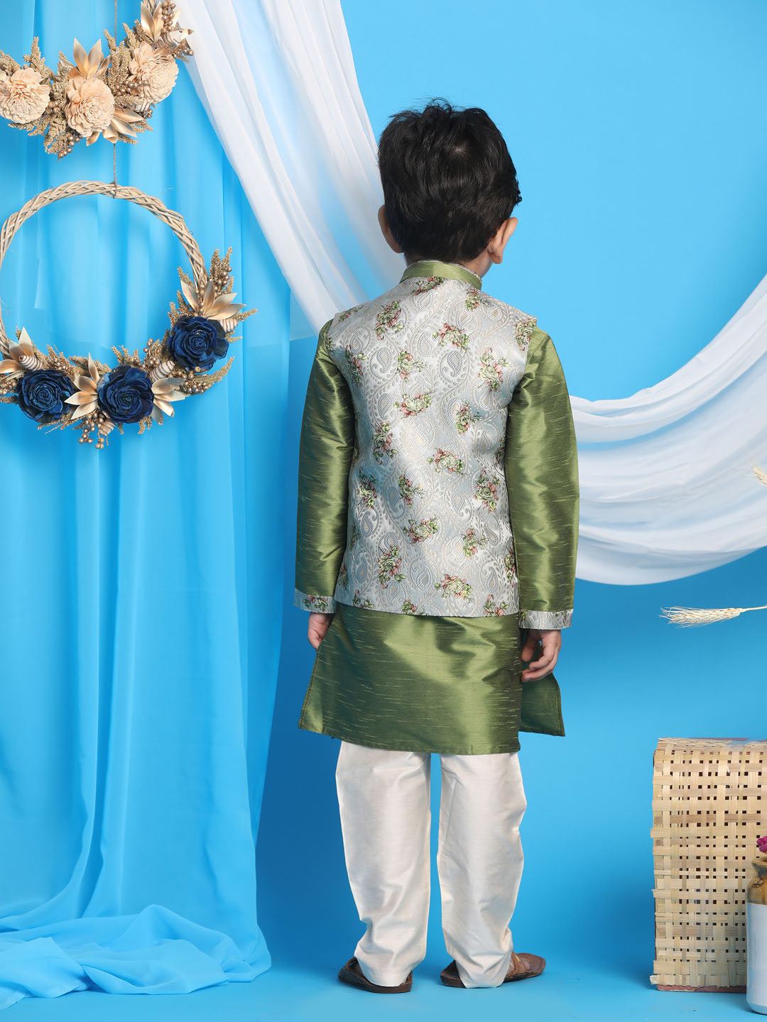 Vastramay boys green floral jacquard jacket with silk kurta and pyjama set