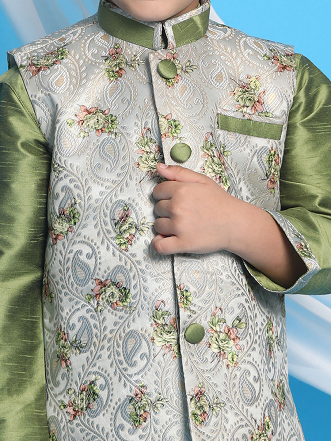 Vastramay boys green floral jacquard jacket with silk kurta and pyjama set