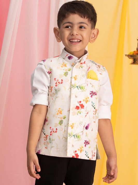 VASTRAMAY Boy's Multicolor Base Cotton Printed Nehru Jacket