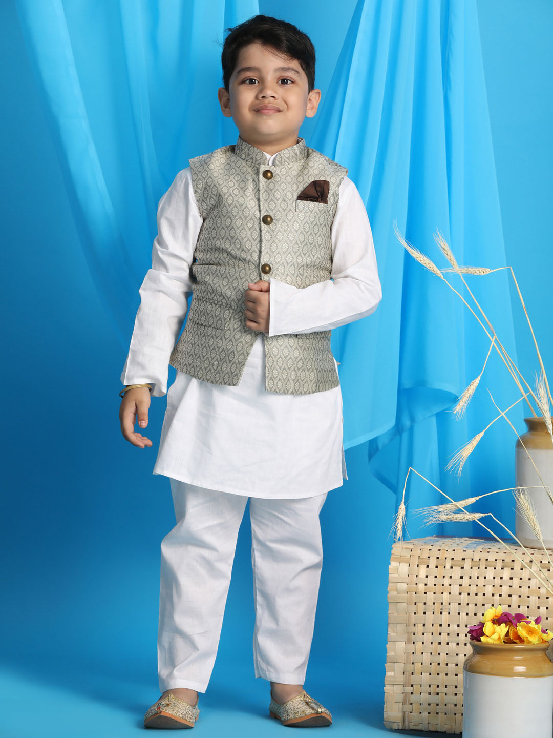 Vastramay boys light green woven jacket with white kurta and pyjama set