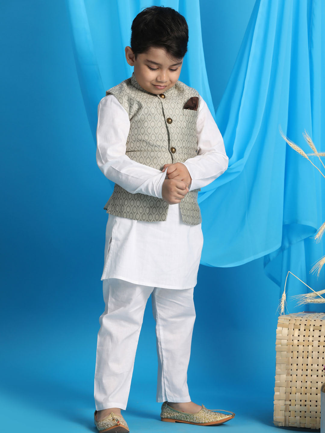 Vastramay boys light green woven jacket with white kurta and pyjama set