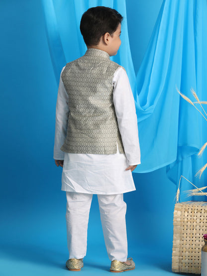 Vastramay boys light green woven jacket with white kurta and pyjama set