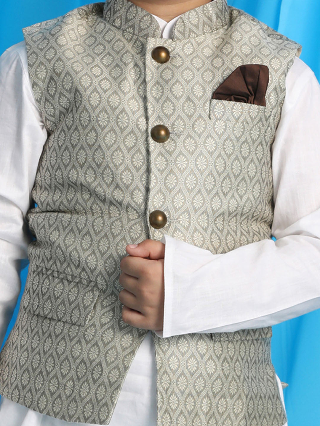 Vastramay boys light green woven jacket with white kurta and pyjama set