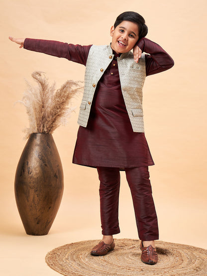 VASTRAMAY Boy's Beige Nehru Jacket With Wine Kurta And Pyjama Set