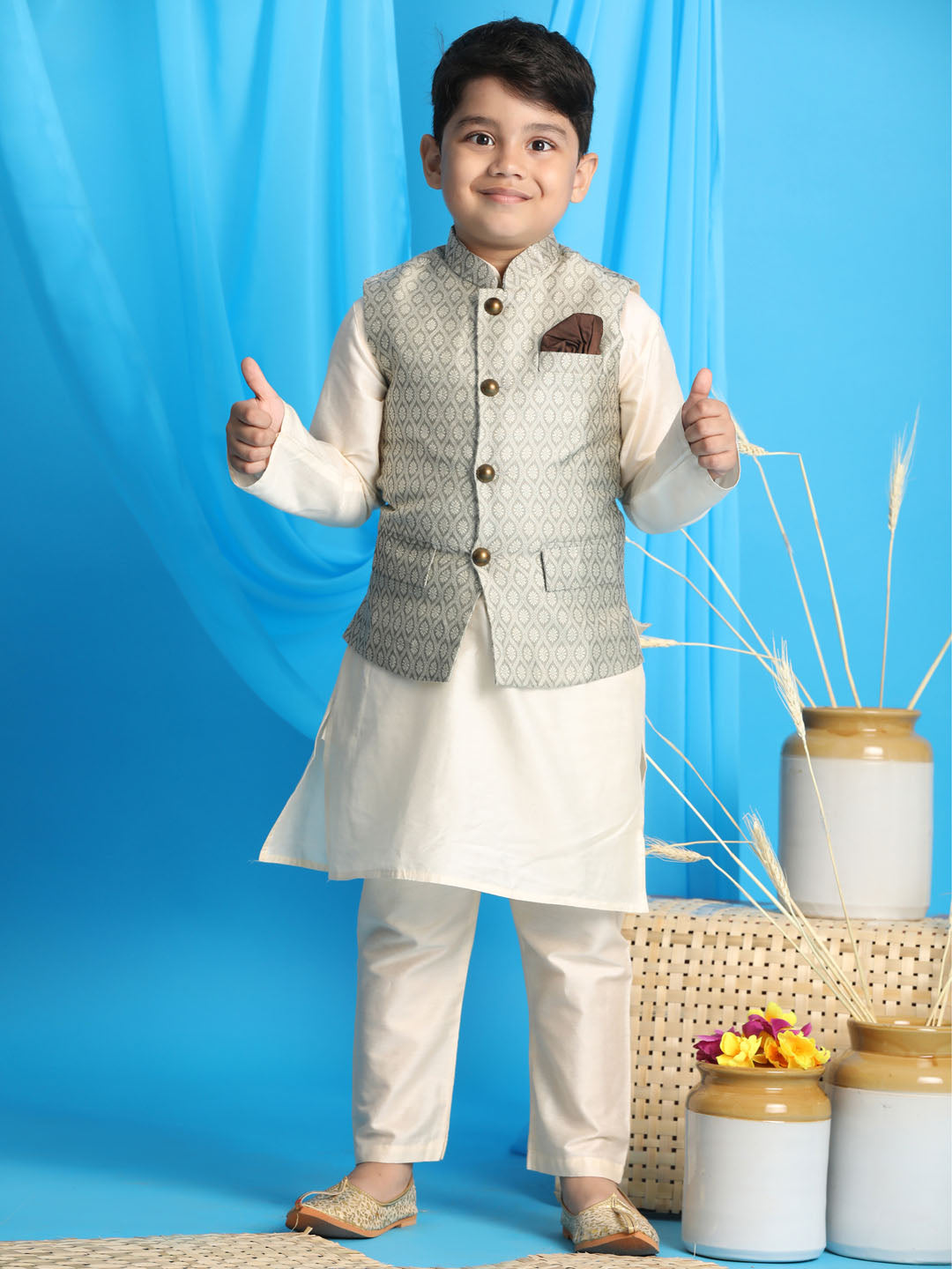 Vastramay boys light green woven jacket with cream kurta and pyjama set