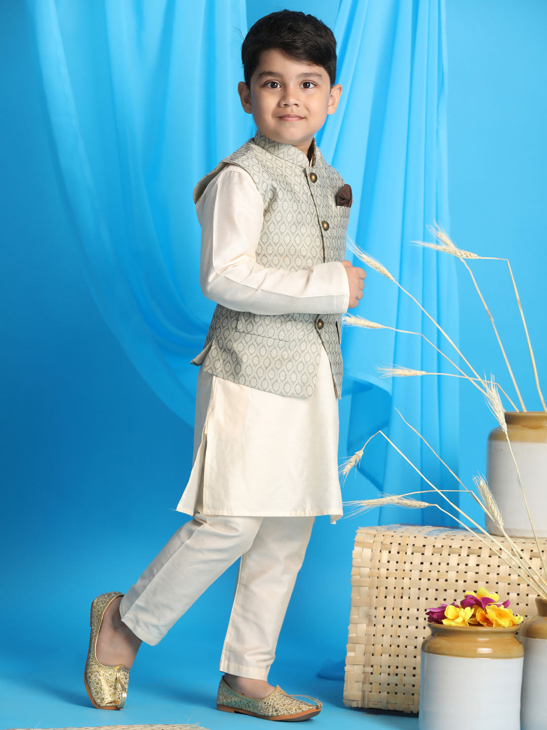 Vastramay boys light green woven jacket with cream kurta and pyjama set