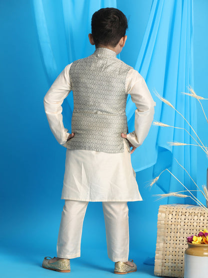 Vastramay boys light green woven jacket with cream kurta and pyjama set