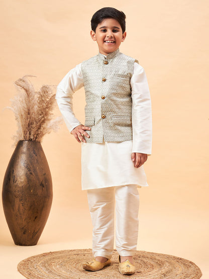 VASTRAMAY Boy's Beige Woven Jacket With Cream Kurta and Pyjama Set