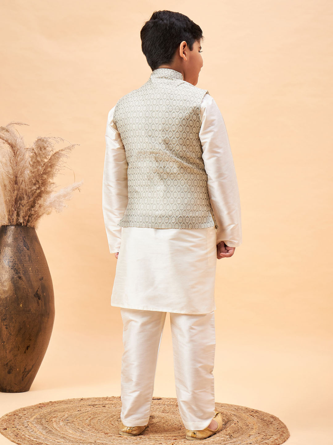 VASTRAMAY Boy's Beige Woven Jacket With Cream Kurta and Pyjama Set