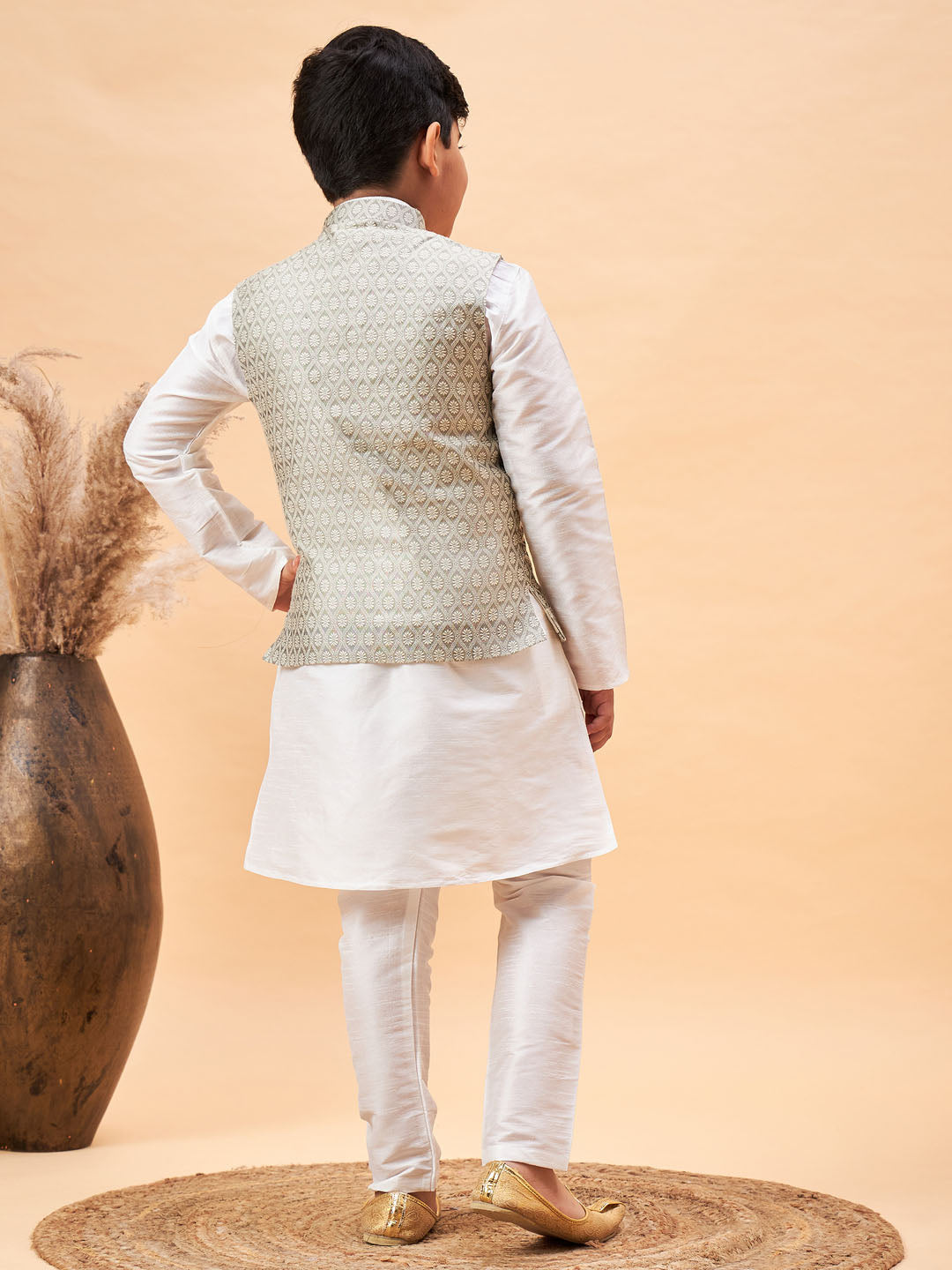 VASTRAMAY Boy's Beige Woven Jacket With White Kurta and Pyjama Set