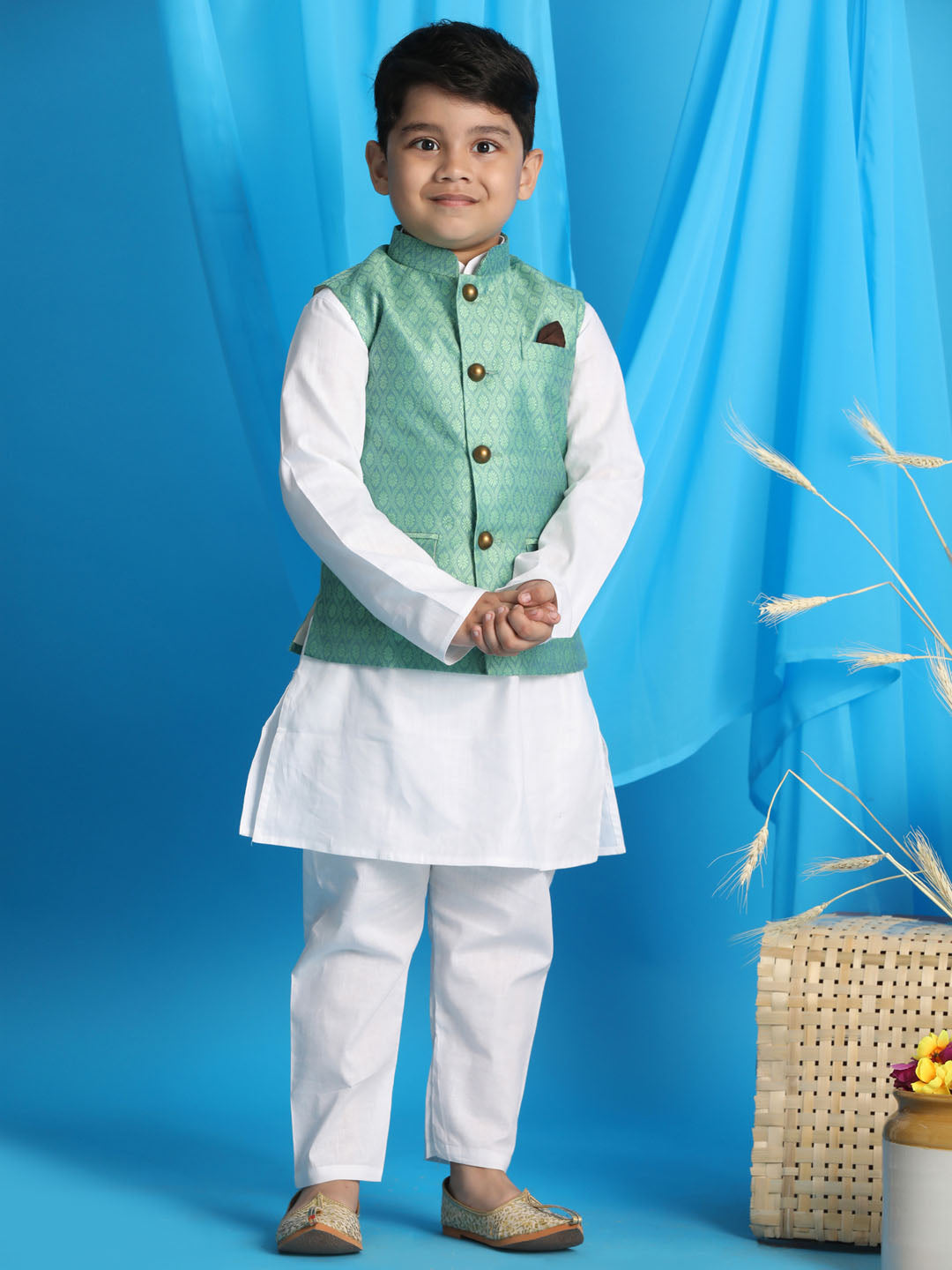 Vastramay boys light green color woven jacket with white kurta and pyjama set