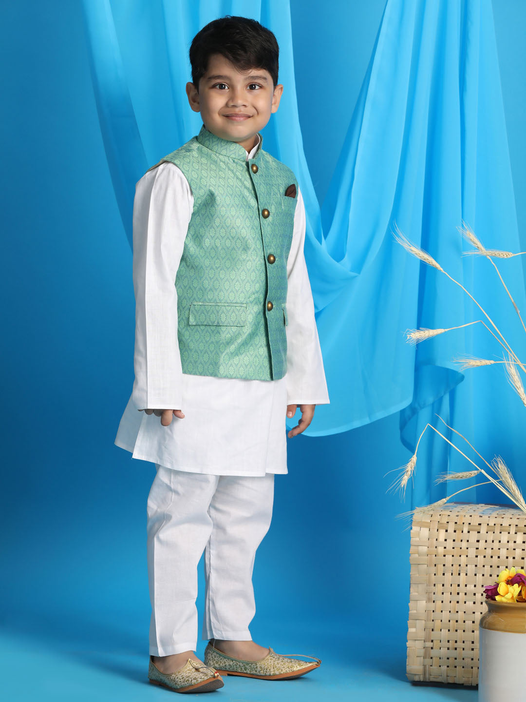 Vastramay boys light green color woven jacket with white kurta and pyjama set