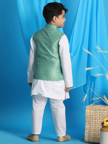 Vastramay boys light green color woven jacket with white kurta and pyjama set