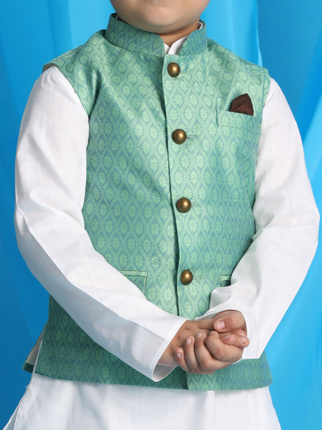 Vastramay boys light green color woven jacket with white kurta and pyjama set