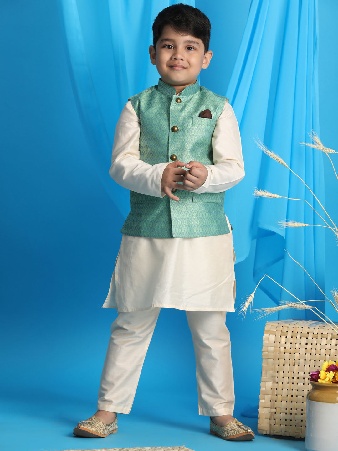 Vastramay boys light green woven jacket with cream kurta and pyjama set 1