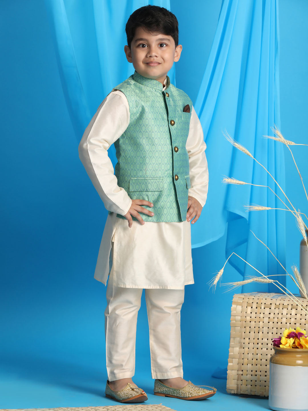 Vastramay boys light green woven jacket with cream kurta and pyjama set 1