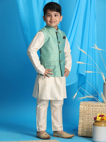 Vastramay boys light green woven jacket with cream kurta and pyjama set 1