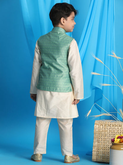 Vastramay boys light green woven jacket with cream kurta and pyjama set 1