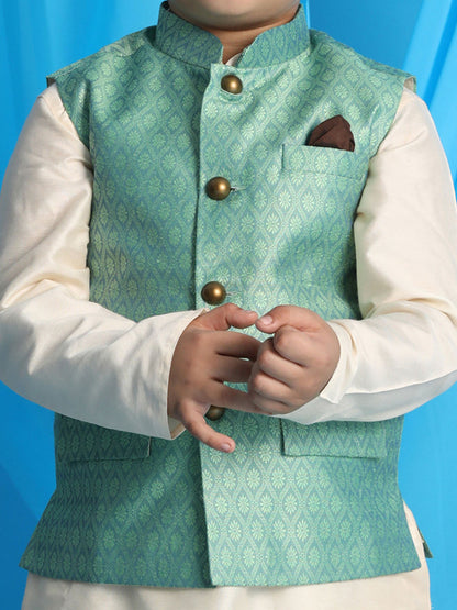 Vastramay boys light green woven jacket with cream kurta and pyjama set 1