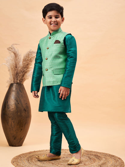 VASTRAMAY Boy's Green Woven Nehru Jacket With Green Kurta Pyjama Set