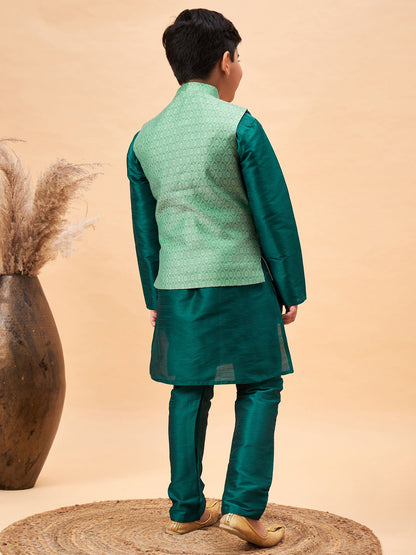 VASTRAMAY Boy's Green Woven Nehru Jacket With Green Kurta Pyjama Set