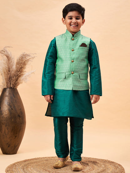 VASTRAMAY Boy's Green Woven Nehru Jacket With Green Kurta Pyjama Set