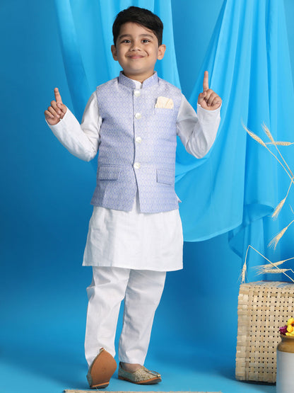 Vastramay boys lavender color woven jacket with white kurta and pyjama set