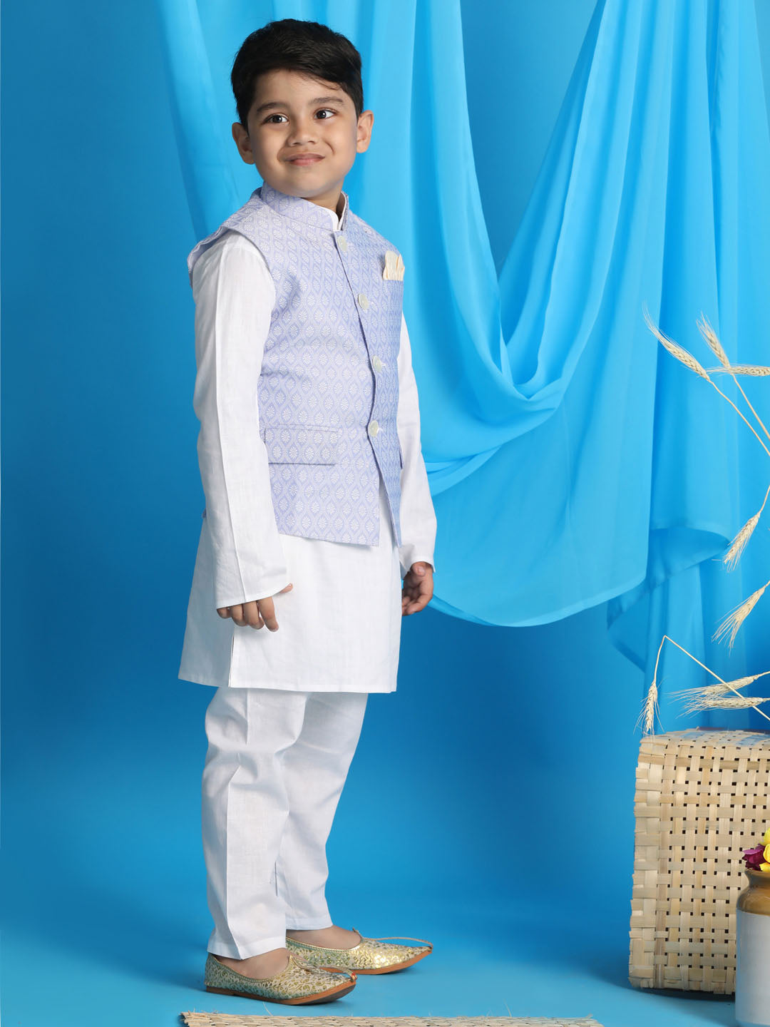 Vastramay boys lavender color woven jacket with white kurta and pyjama set