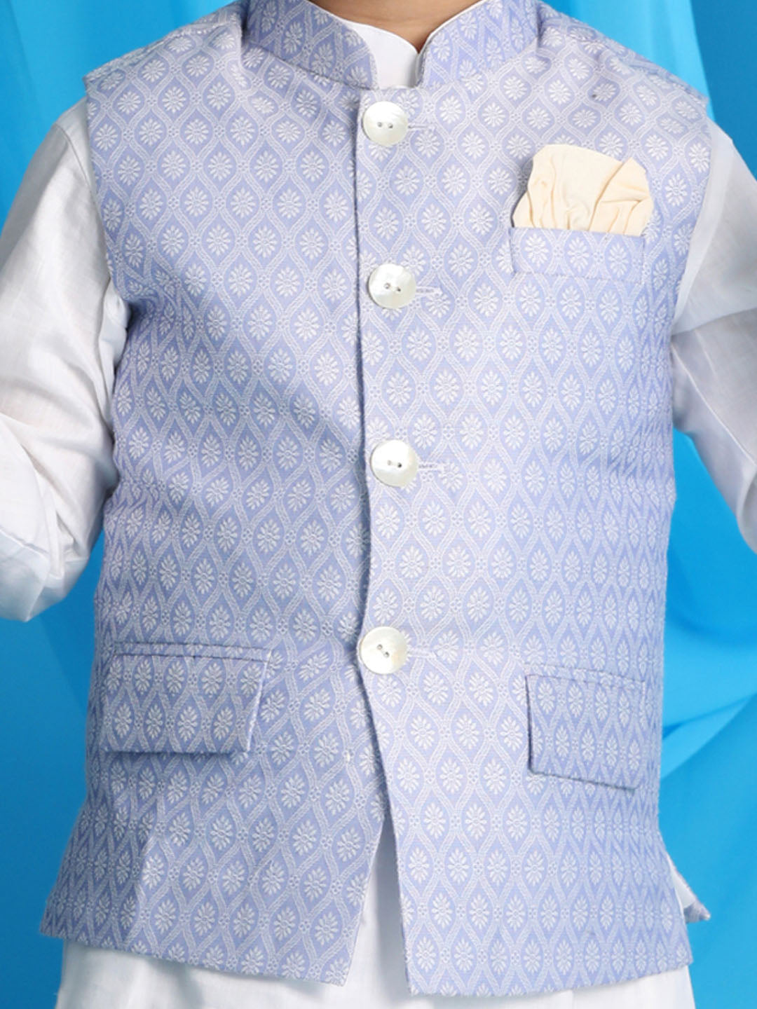 Vastramay boys lavender color woven jacket with white kurta and pyjama set