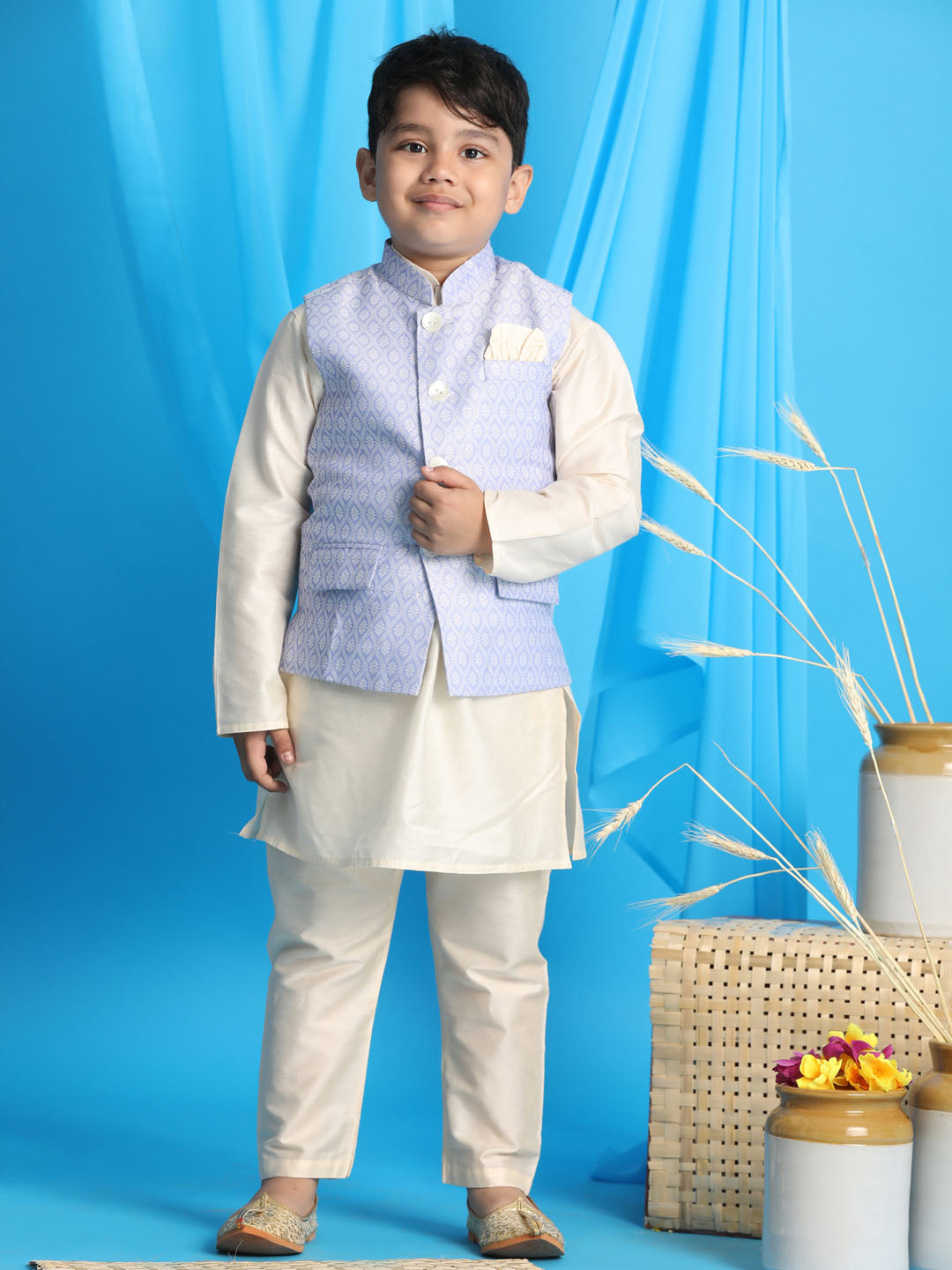 Vastramay boys lavender color woven jacket with cream kurta and pyjama set