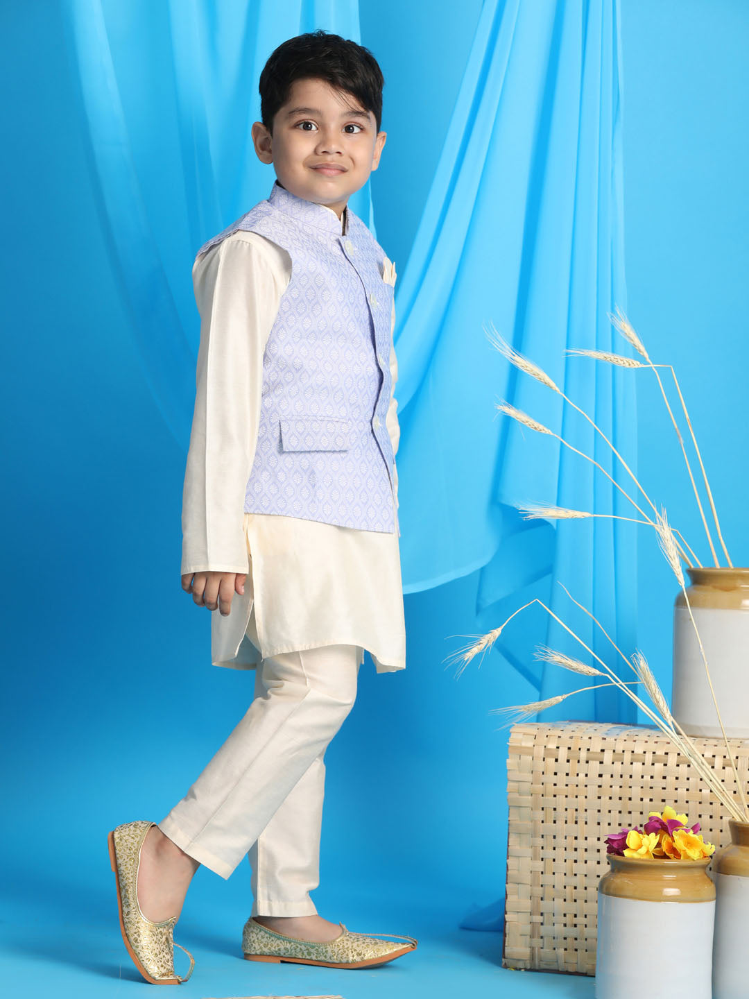 Vastramay boys lavender color woven jacket with cream kurta and pyjama set