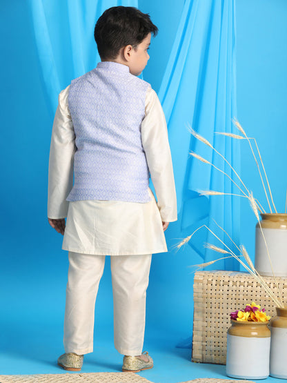 Vastramay boys lavender color woven jacket with cream kurta and pyjama set