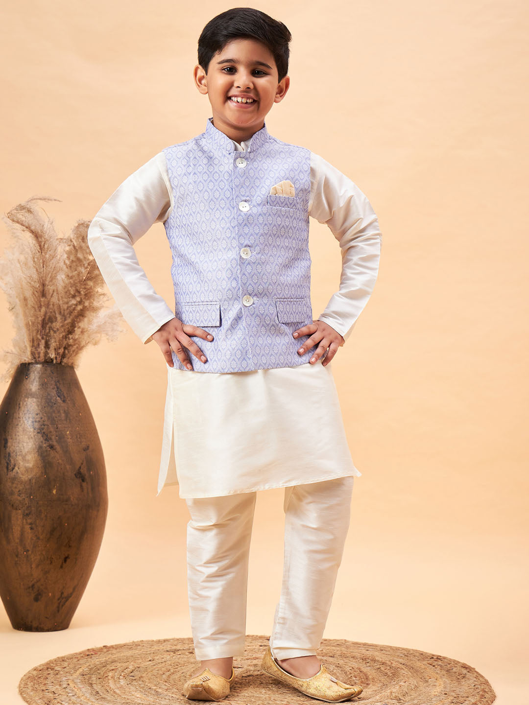 VASTRAMAY Boy's Lavender Woven Jacket With Cream Kurta and Pyjama Set