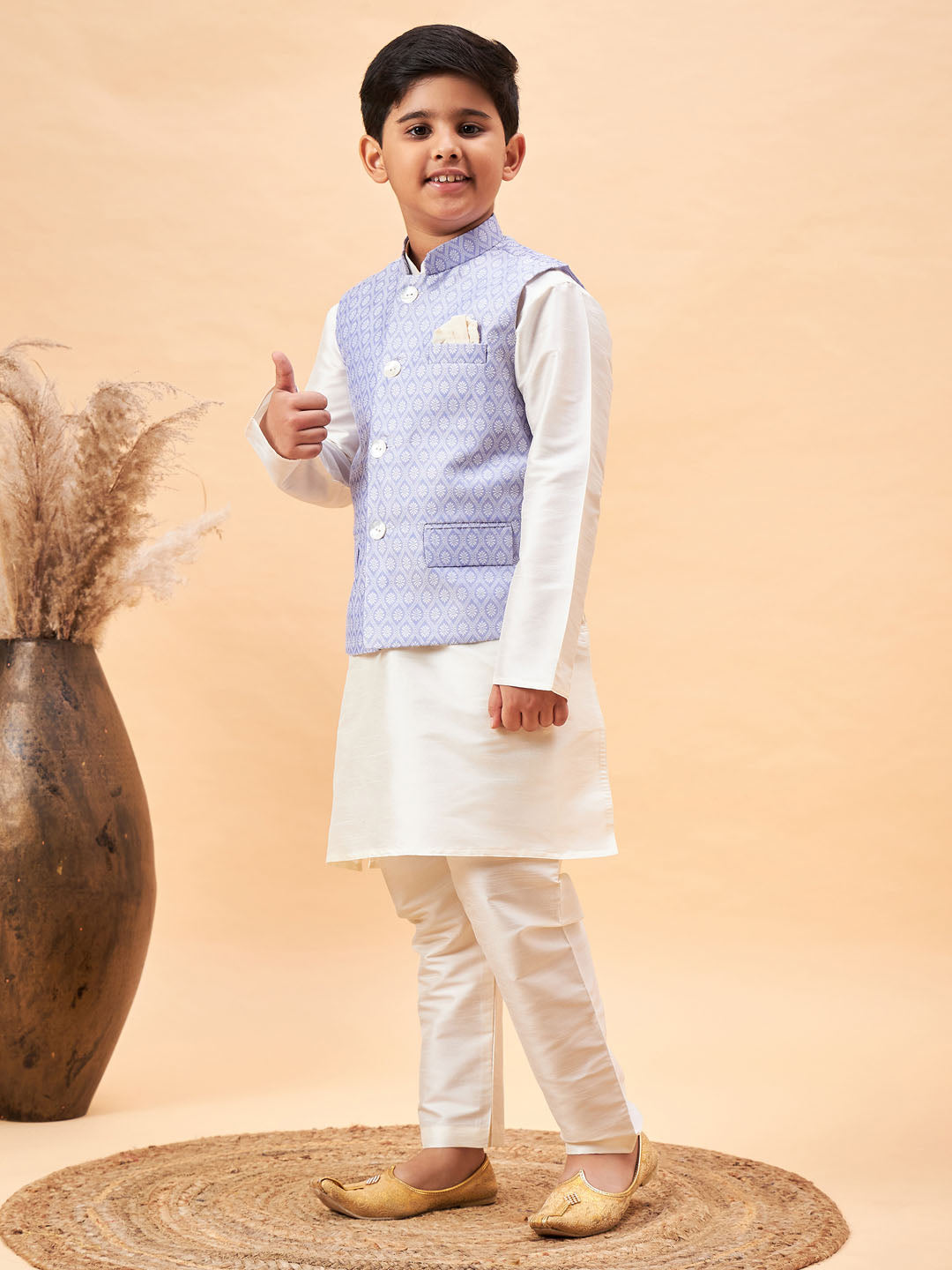 VASTRAMAY Boy's Lavender Woven Jacket With Cream Kurta and Pyjama Set