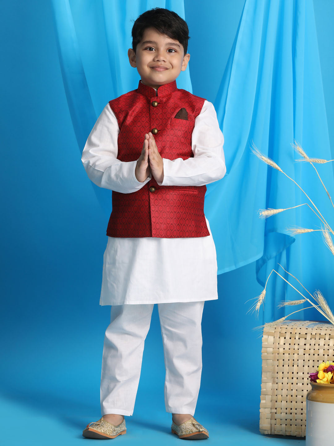 Vastramay boys maroon color woven jacket with white kurta and pyjama set