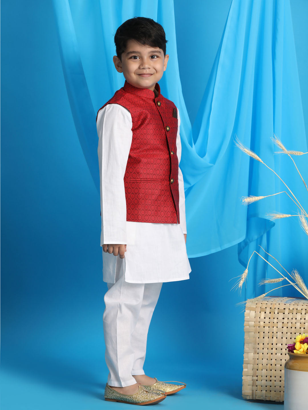 Vastramay boys maroon color woven jacket with white kurta and pyjama set