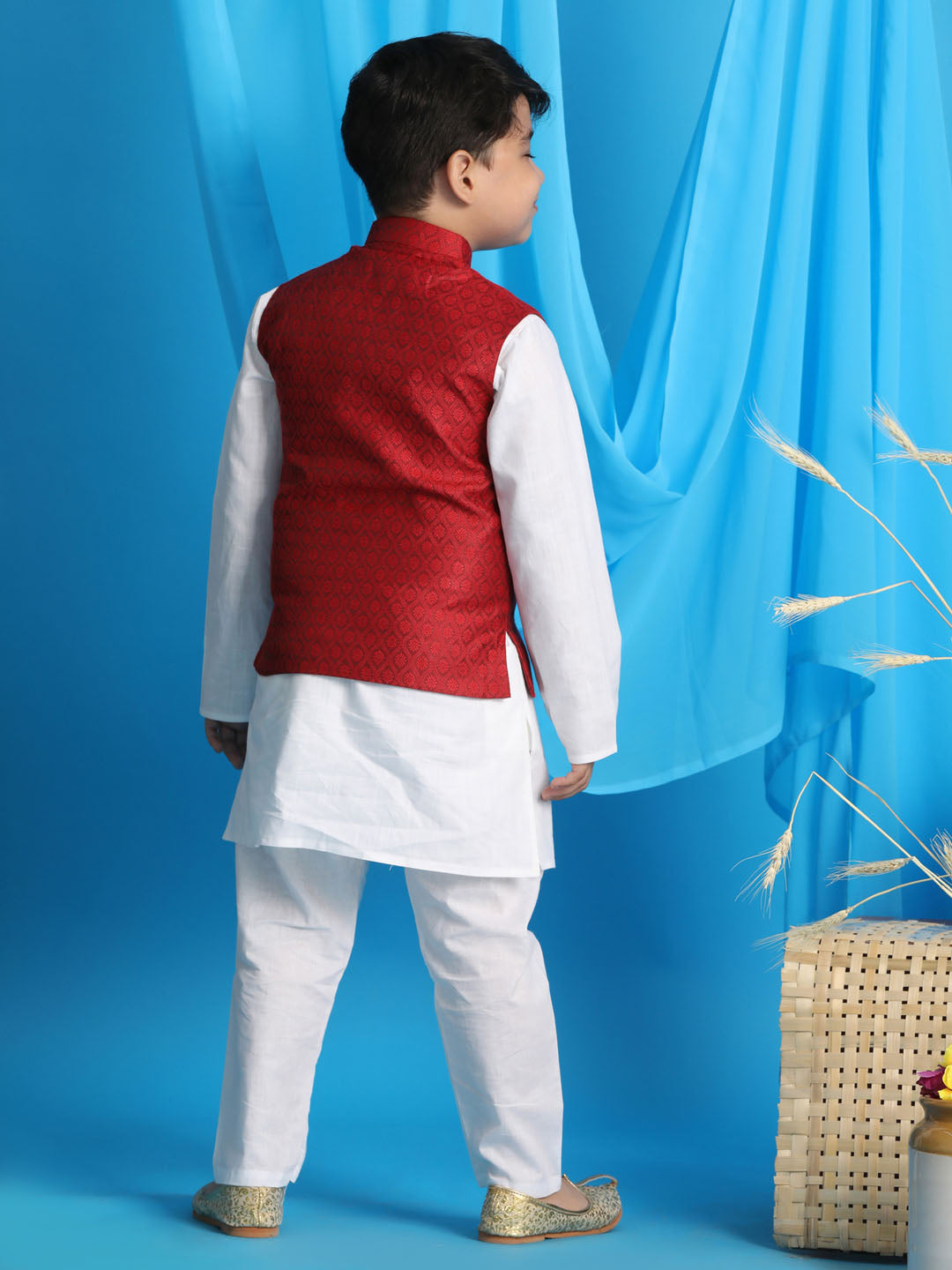 Vastramay boys maroon color woven jacket with white kurta and pyjama set