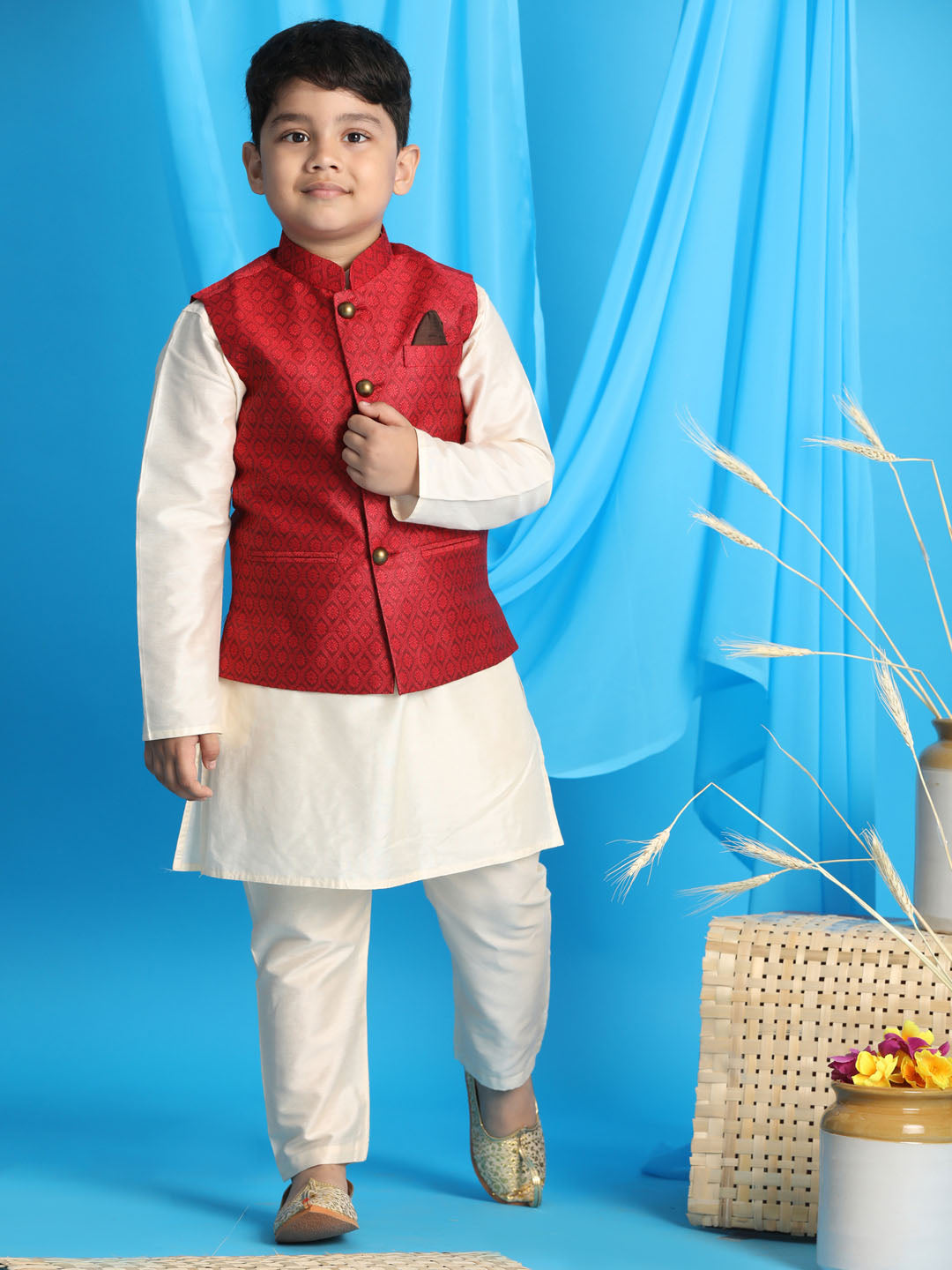 Vastramay boys maroon color woven jacket with cream kurta and pyjama set