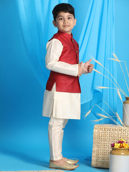 Vastramay boys maroon color woven jacket with cream kurta and pyjama set