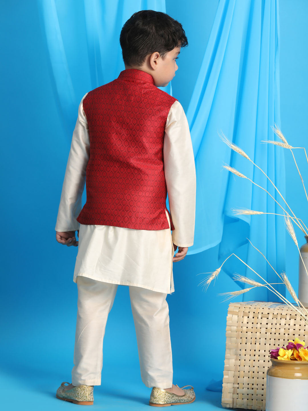 Vastramay boys maroon color woven jacket with cream kurta and pyjama set