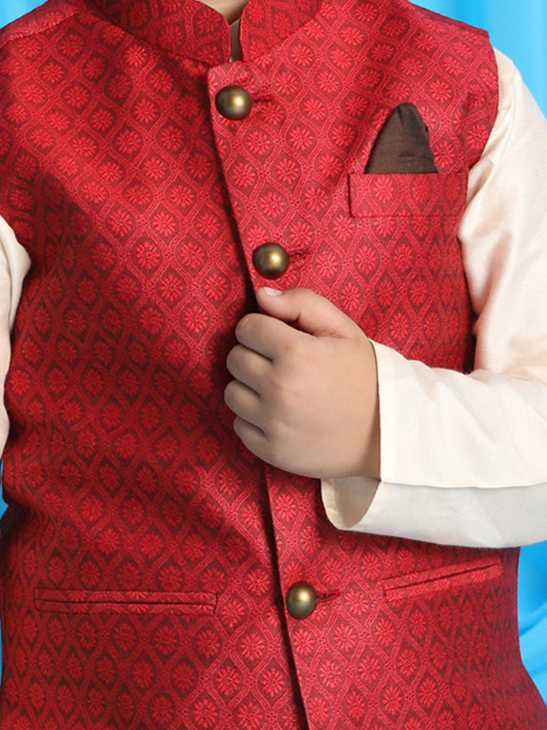 Vastramay boys maroon color woven jacket with cream kurta and pyjama set