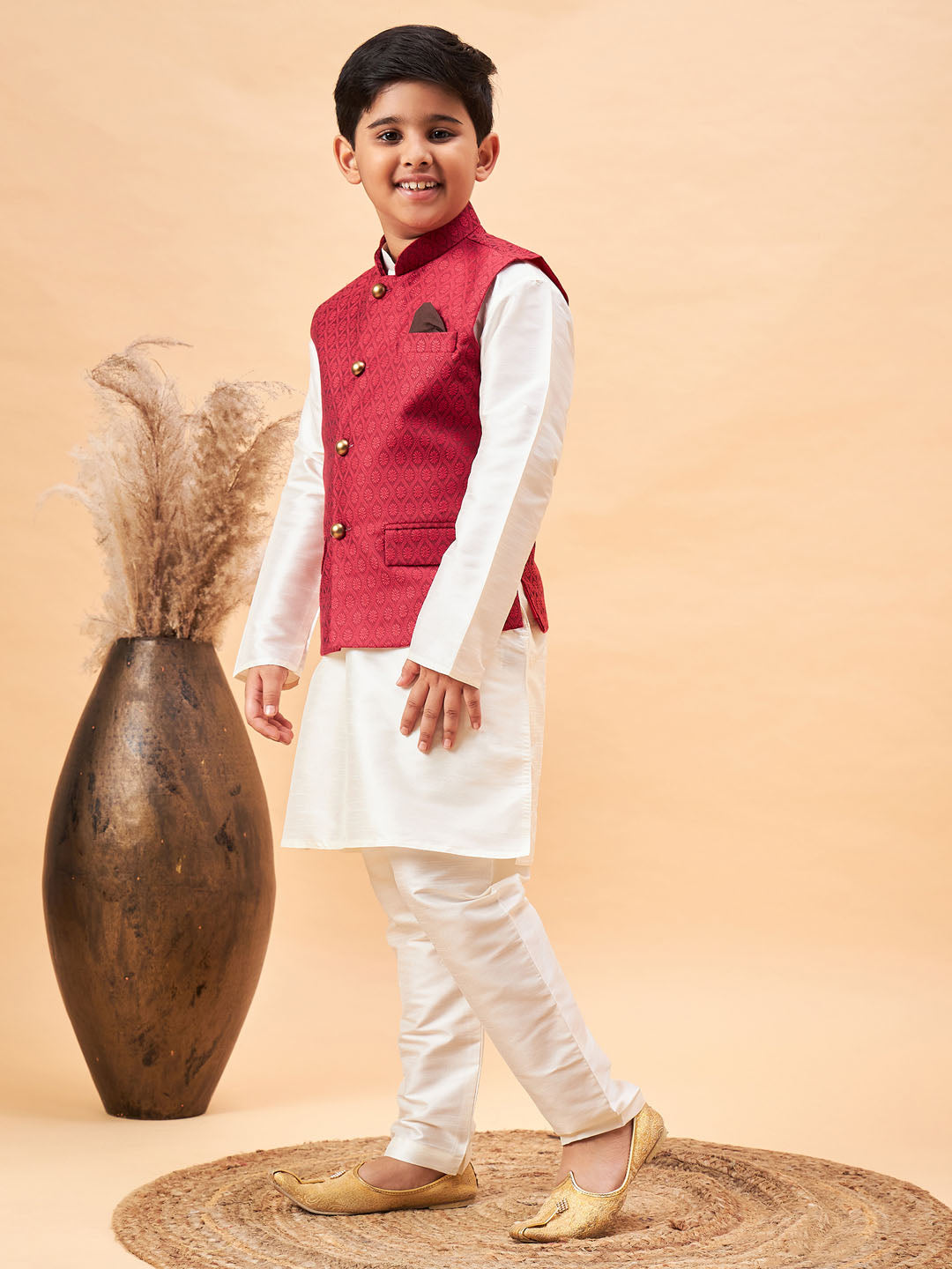 VASTRAMAY Boy's Maroon Nehru Jacket With Cream Kurta And Pyjama Set